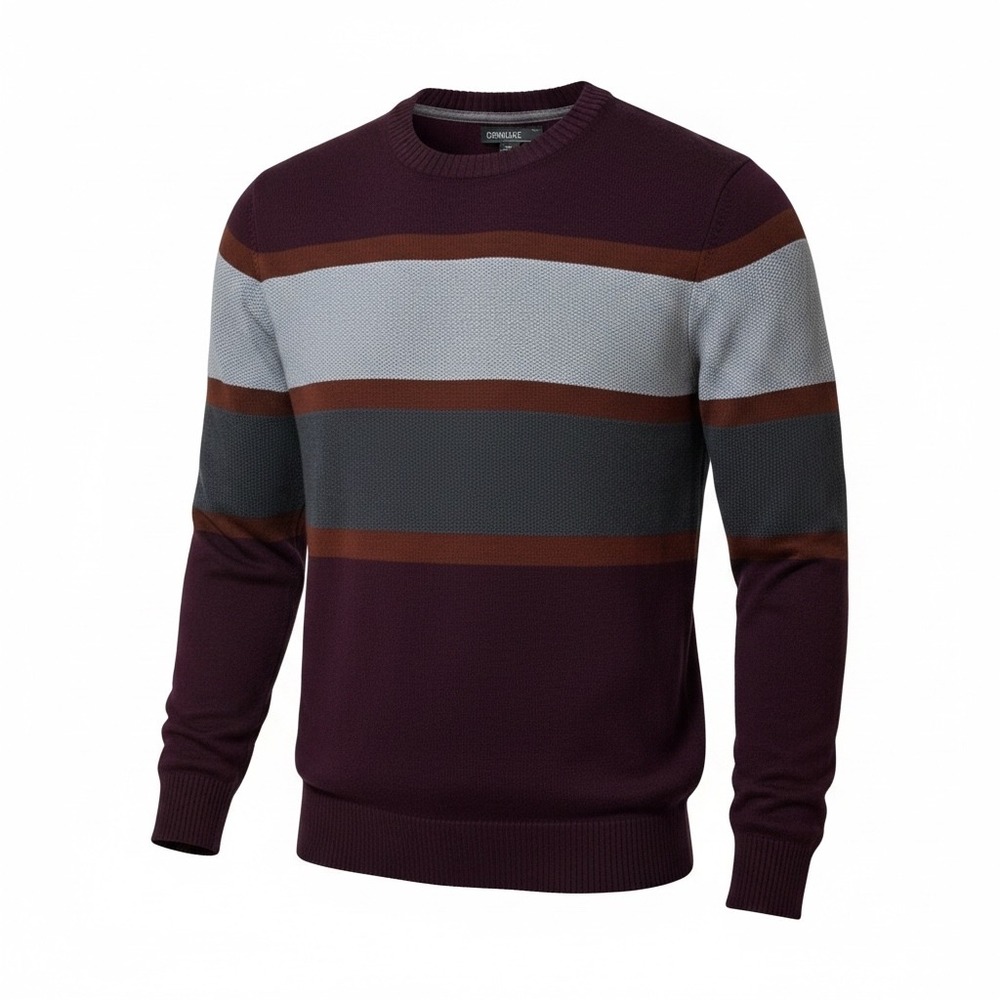 Commerce‎ Mens Crewneck Sweater Burgundy Grey Striped Colorblock Size M Cotton